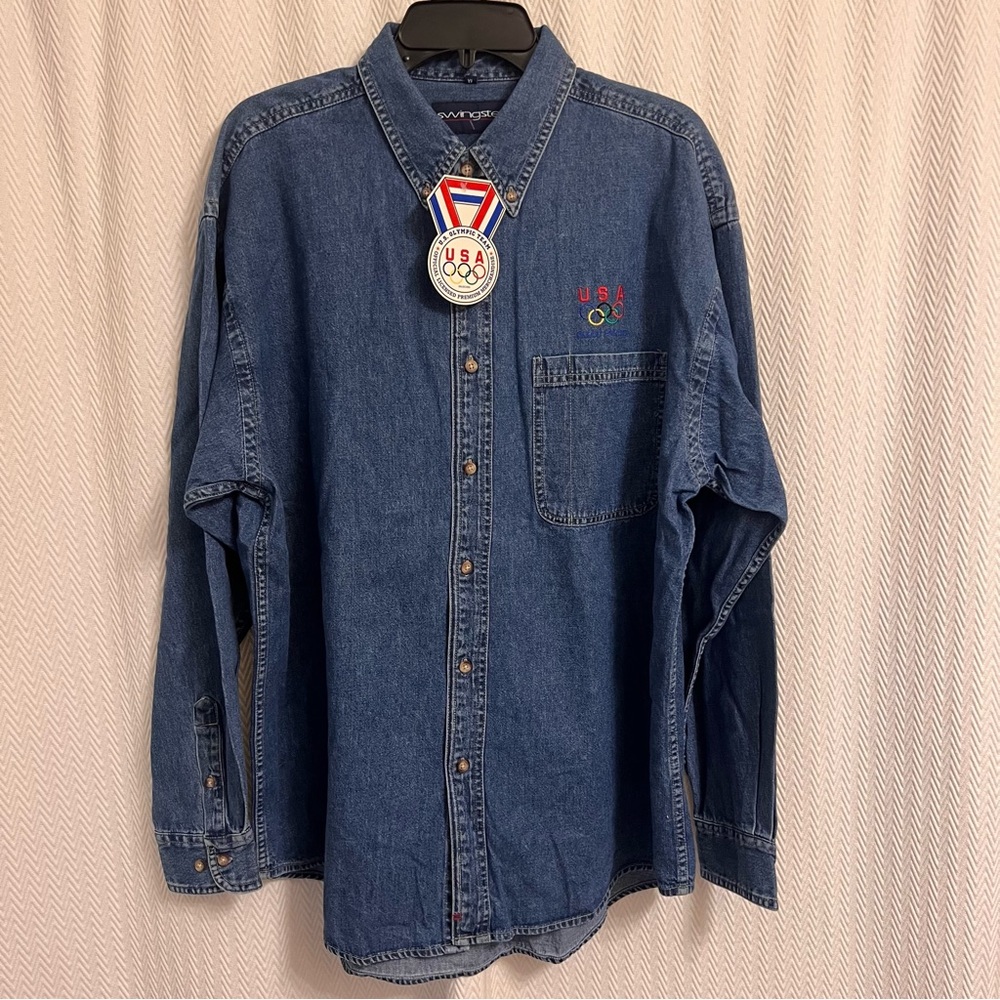 Vintage U.S. Olympics Swingster AT&T Proud Sponsor Men's Blue Denim Shirt XL - Picture 5 of 8